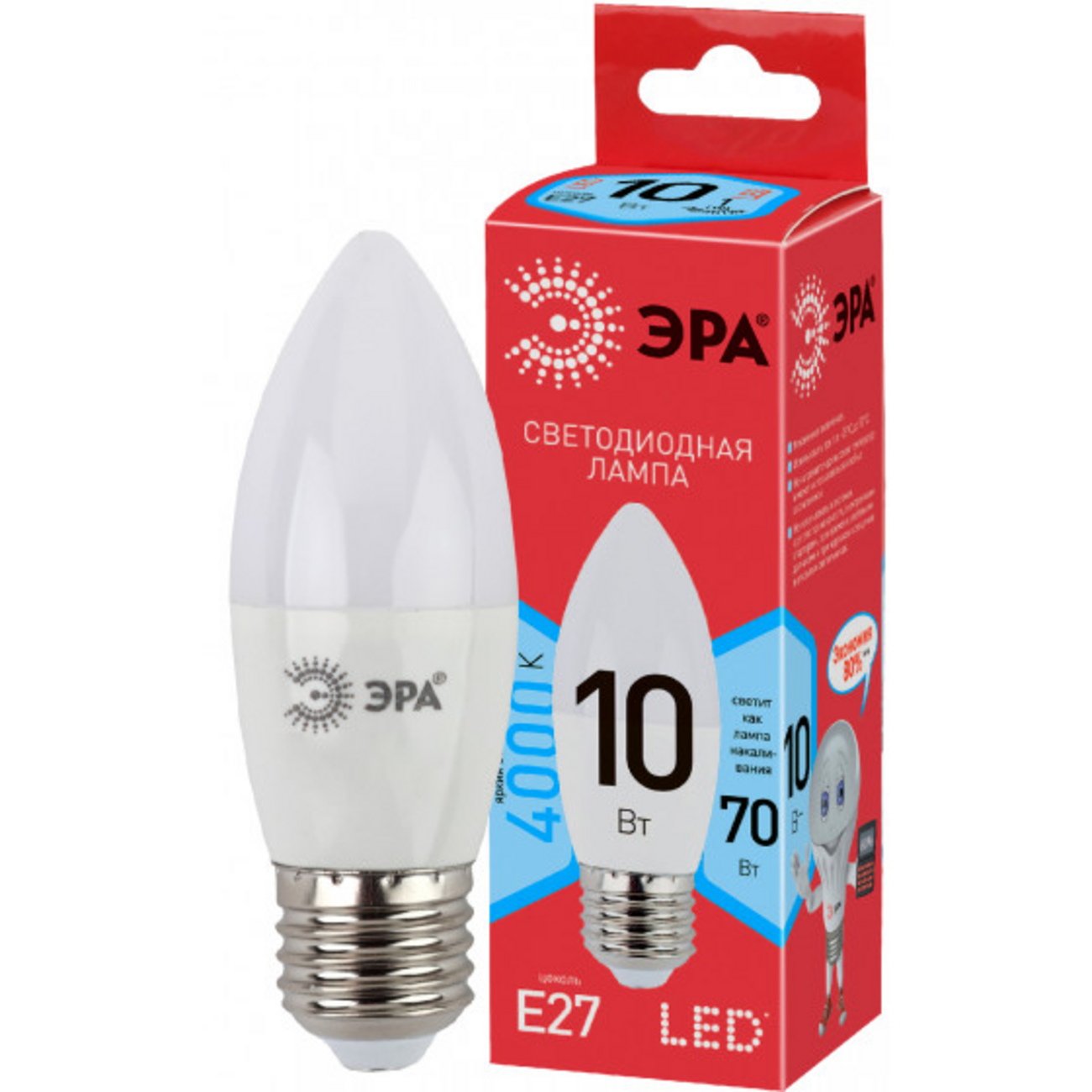 Лампа светодиодная ЭРА ECO B35-10W-840-E27, свеча, 4000К купить в ...