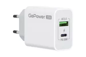Сетевое зарядное устройство Go Power 1USB+1Type-C, белый