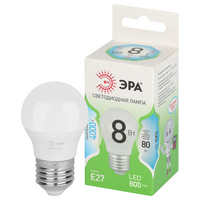 Лампа светодиодная ЭРА GREEN LINE LED ЛОН Е27 шар Р45 8W (800lm) 4000K 4K Р45-8W-840-Е27 46х110 мм