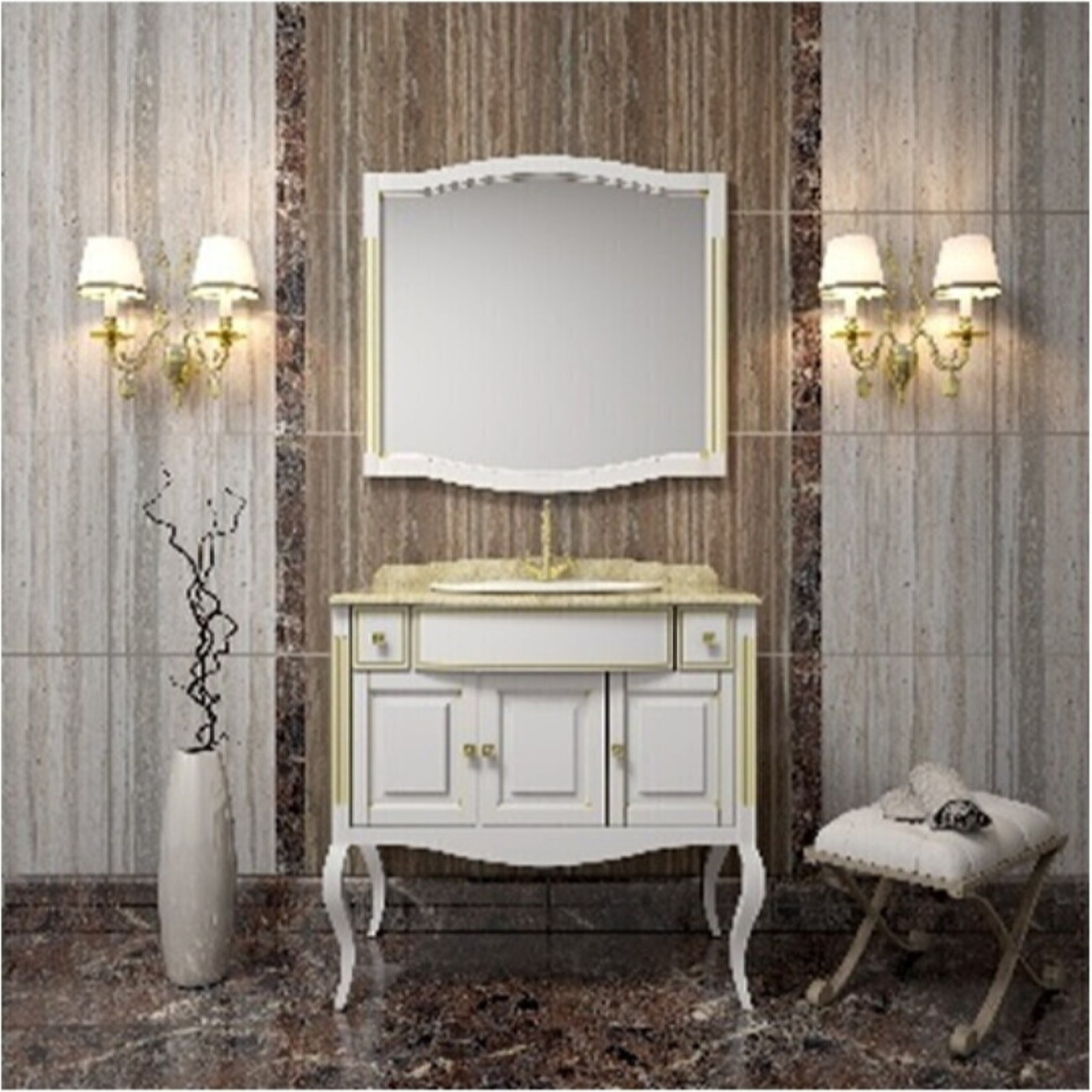 Opadiris Лаура 100 Комплект мебели, цвет: белый с золотой патиной ((тумба, раковина,зеркало)
