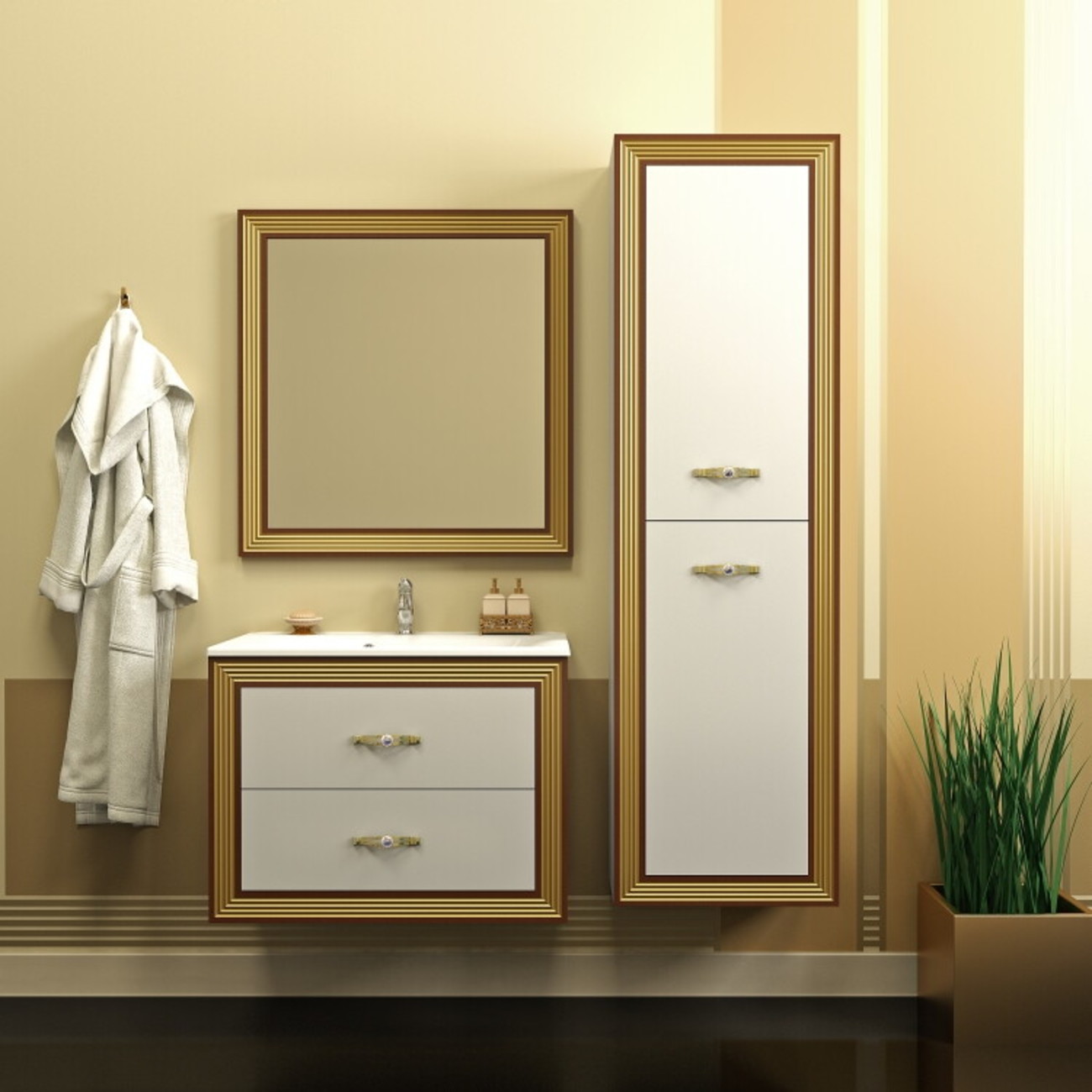 Opadiris КАРАТ 80 Комплект мебели, цвет: золотая патина (Тумба подвесная, раковина Прима 80(литьевой мрамор), зеркало со встроенными светильниками)